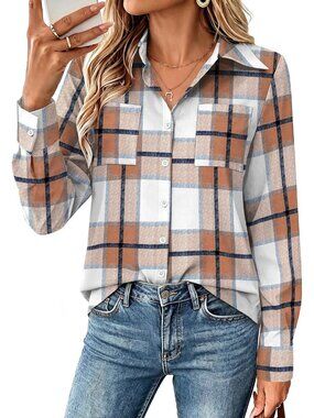 Women's Plaid Brown Long Sleeve Shirts Button Down Top Pocket Casual Blouses